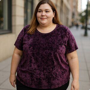 FADED GLORY MAROON BURGUNDY RED VELVET SHORT SLEEVE STRETCH  SHIRT 3X 22W-24W
